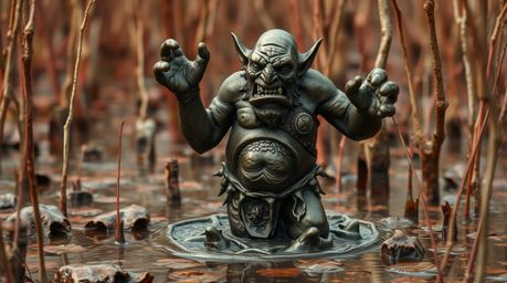 A captivating bronze sculpture of an ogre dancing in a swamp, finished with an antique patina.  The piece showcases a surreal