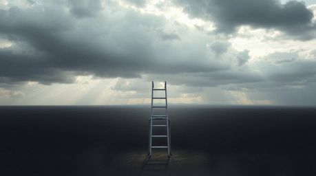 A silver ladder stands starkly in a wide open field beneath a cloudy sky, illuminated by dramatic volumetric lighting. The sc