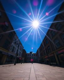This image captures a dramatic low-angle perspective of an empty town square, dominated by ticking clocks. The scene is enhan