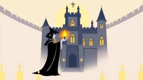 A logo design inspired by the warm glow of candlelight, featuring a classic Disney villain casting a spell within an old cast