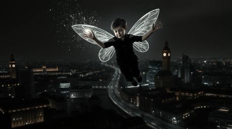 A young boy, radiating a faint light aura, floats with pixie dust above a starkly rendered London cityscape. The scene, domin
