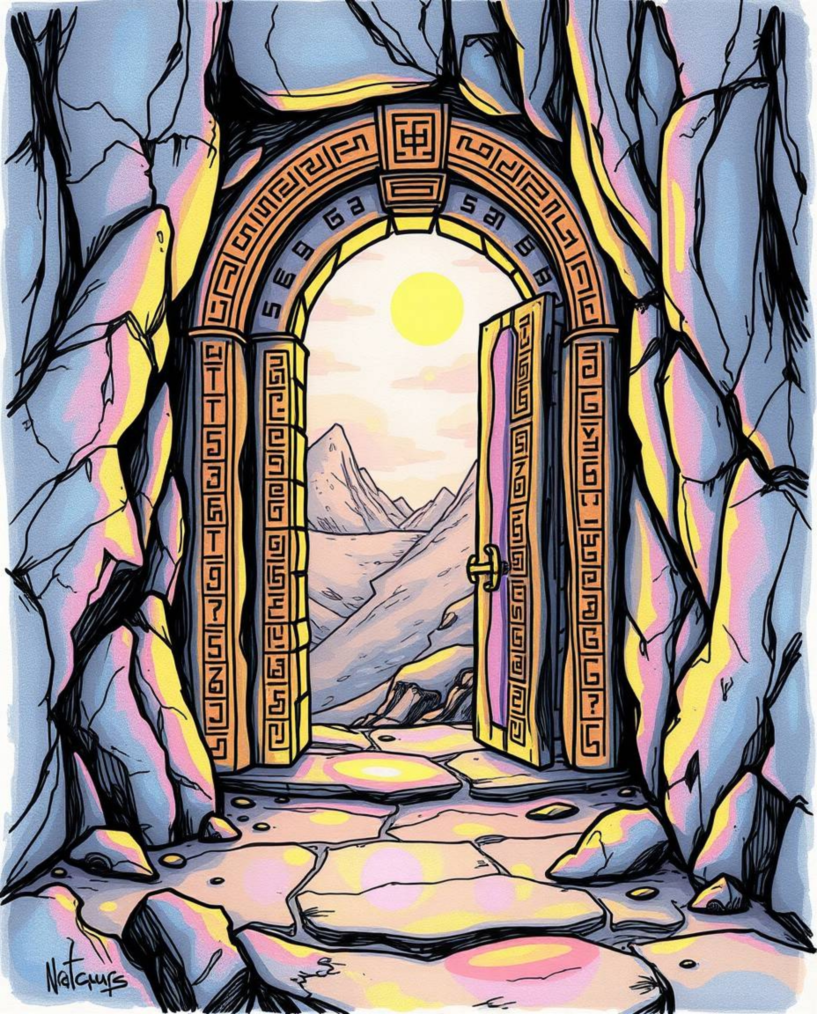 Explore an iridescent sketchnote illustration of an ancient stone doorway embedded within a mountainside. This hand-drawn art