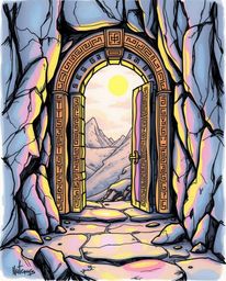 Explore an iridescent sketchnote illustration of an ancient stone doorway embedded within a mountainside. This hand-drawn art