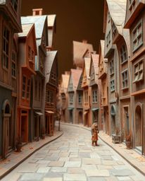 A captivating surreal street scene depicts folding and twisting buildings rendered in warm autumnal hues using a layered papi
