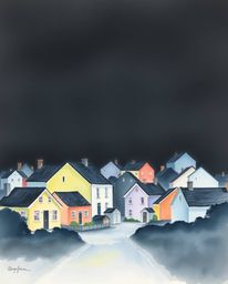 Explore a tranquil watercolor painting of a sleepy town adorned with charming pastel-colored houses.  The artwork features in