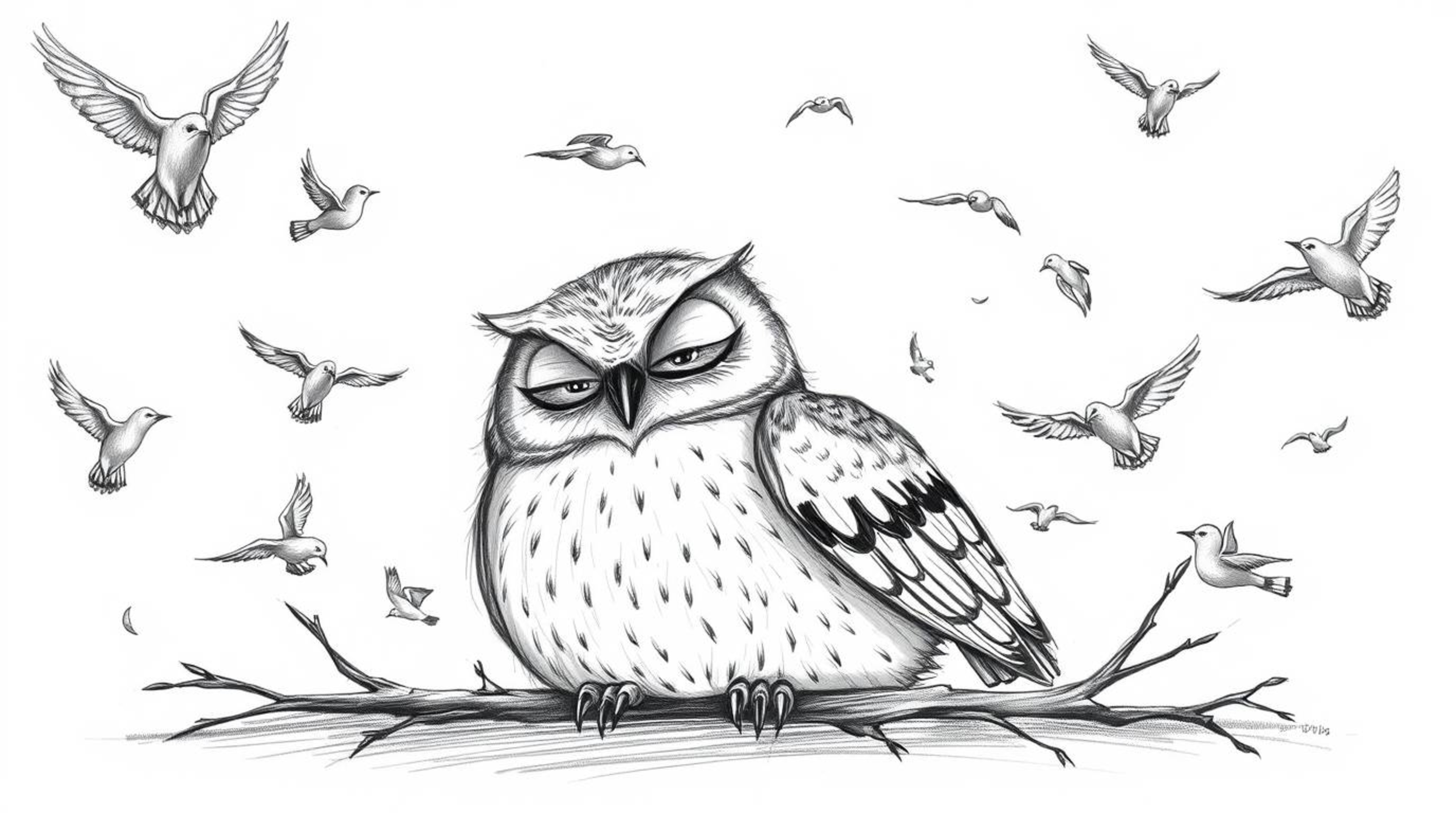A hand-drawn sketch depicts a wise-looking blind owl, rendered in a textured pencil style reminiscent of Pixar, peacefully re