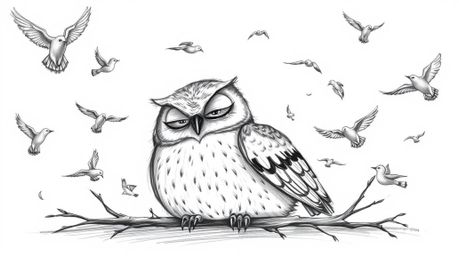 A hand-drawn sketch depicts a wise-looking blind owl, rendered in a textured pencil style reminiscent of Pixar, peacefully re