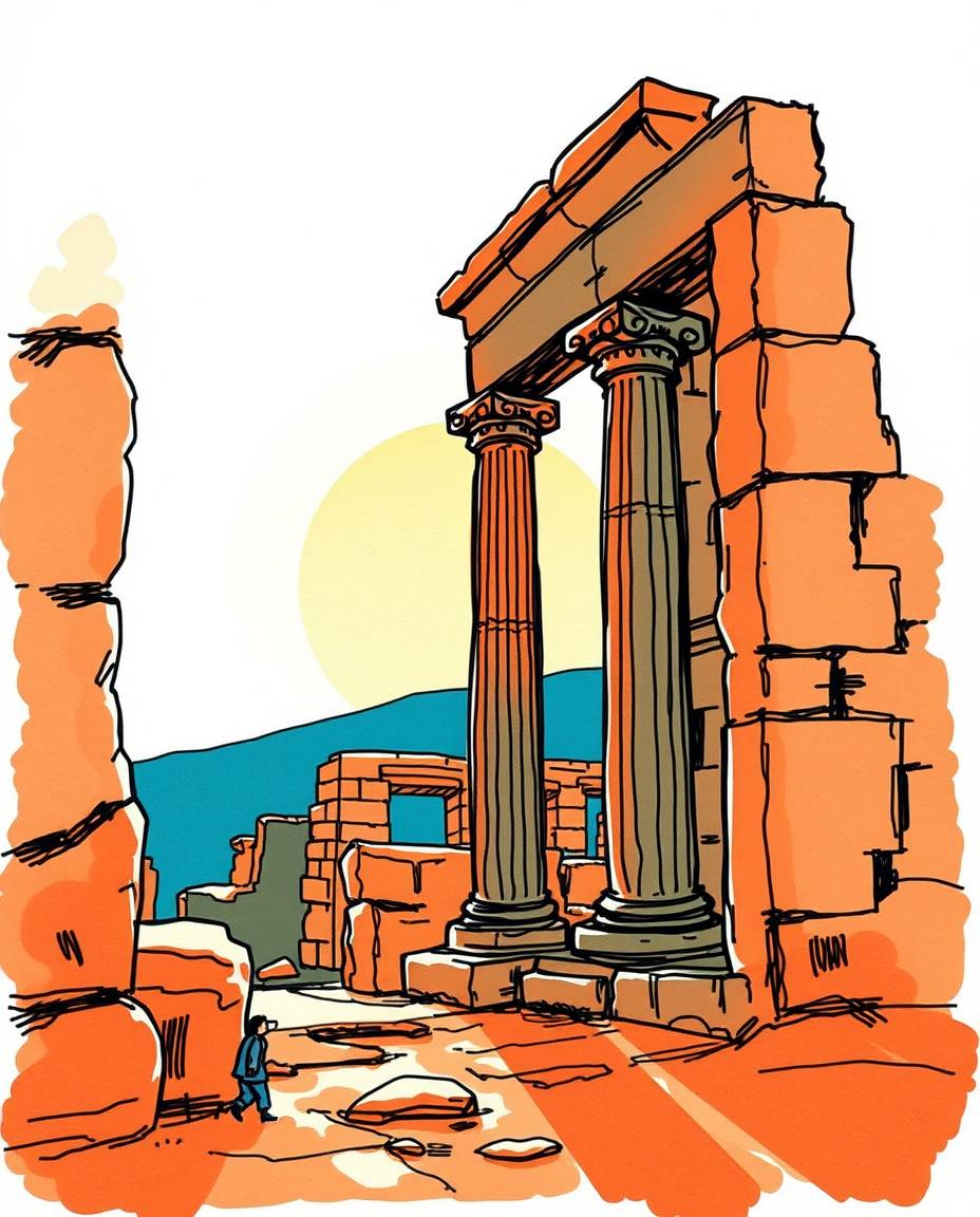 A hand-drawn sketch in a color sketchnote style, using warm terracotta and cool teal to depict a sunset casting shadows throu