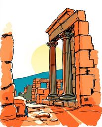 A hand-drawn sketch in a color sketchnote style, using warm terracotta and cool teal to depict a sunset casting shadows throu