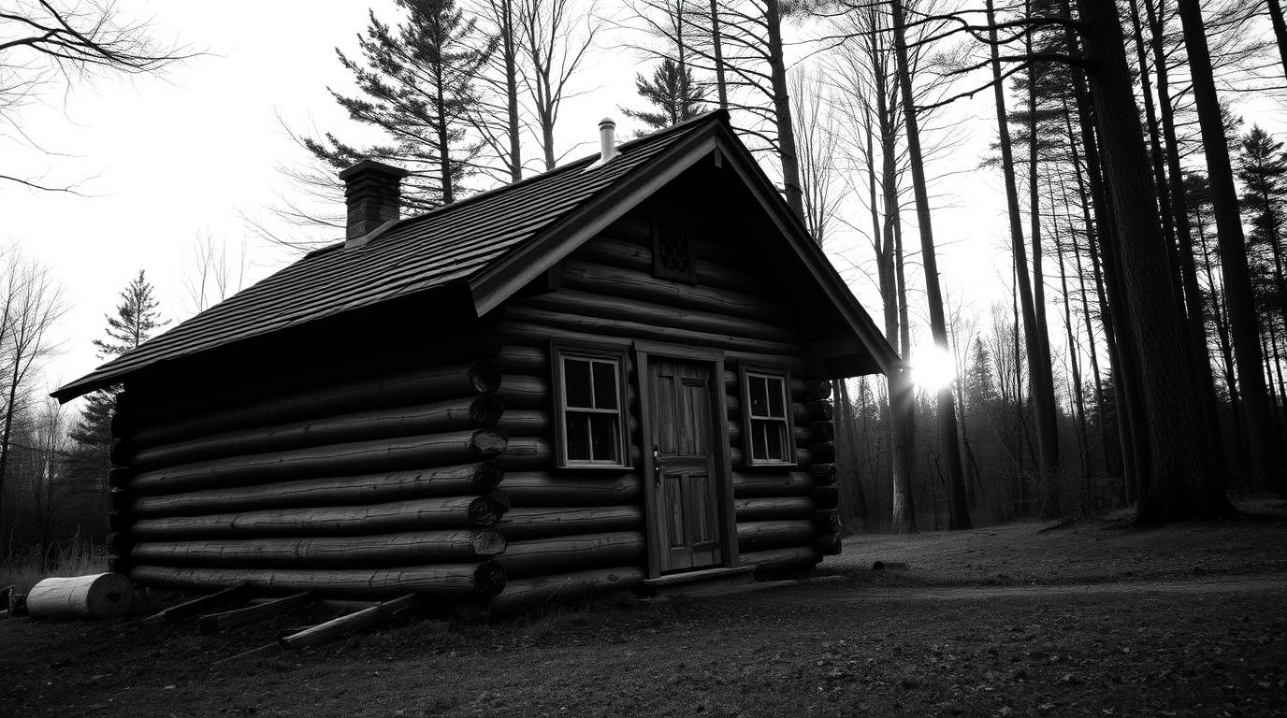 A timeless and elegant black and white close-up photograph captures an old wooden cabin nestled in the woods at sunset.  The 