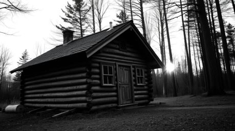 A timeless and elegant black and white close-up photograph captures an old wooden cabin nestled in the woods at sunset.  The 