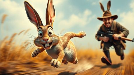 Experience a side-splitting scene featuring a wacky rabbit with bulging eyes and a mischievous grin outsmarting a hapless hun
