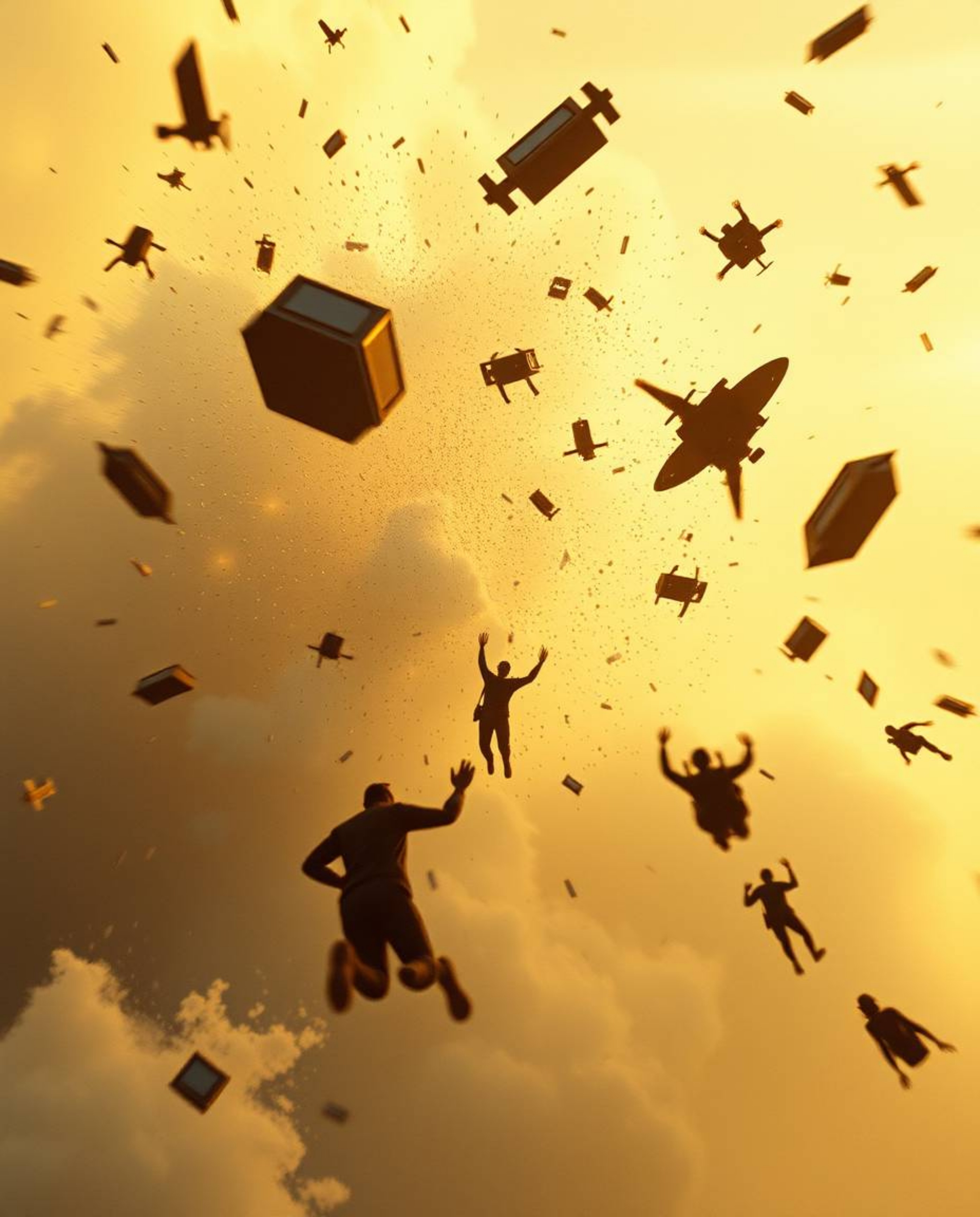 Experience a surreal storm filled with flying objects and broken gravity, bathed in the warm glow of golden hour light. This