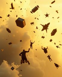 Experience a surreal storm filled with flying objects and broken gravity, bathed in the warm glow of golden hour light. This 