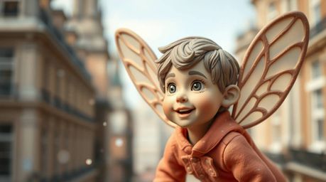A captivating clay sculpture depicts a young boy with vibrant features, soaring above a blurred, bokeh-filled London cityscap