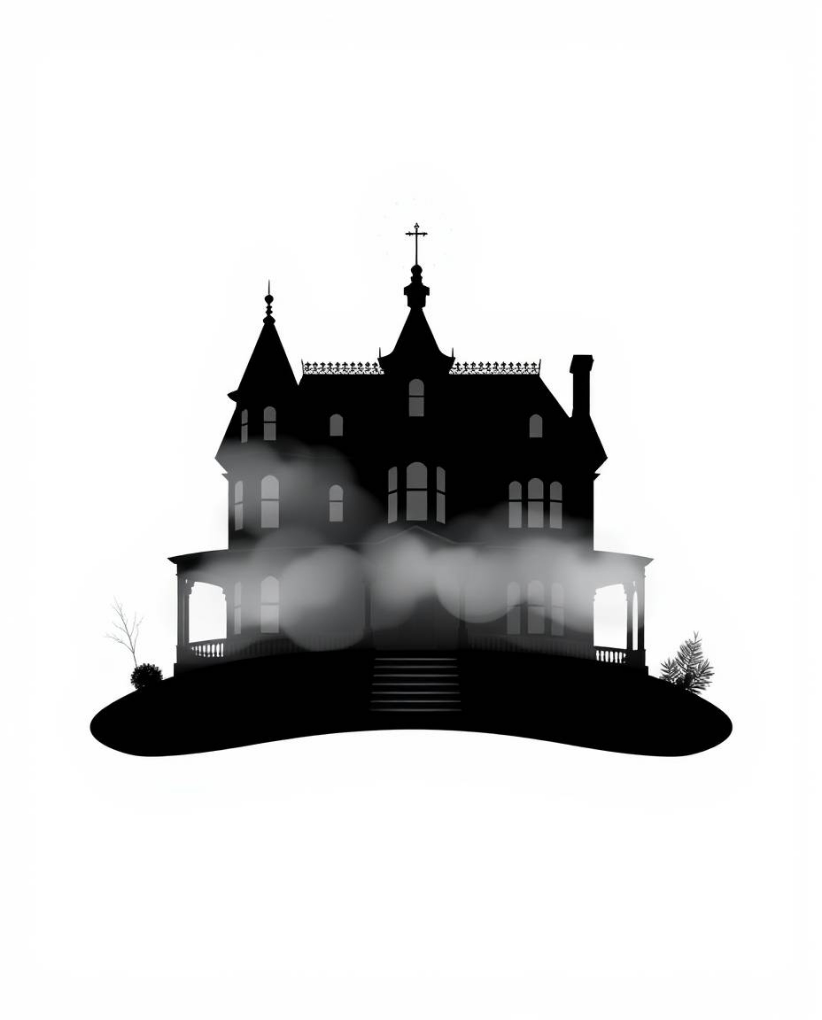 This high-contrast logo features a fog-covered Victorian mansion under moonlight, rendered in a striking geometric style. The