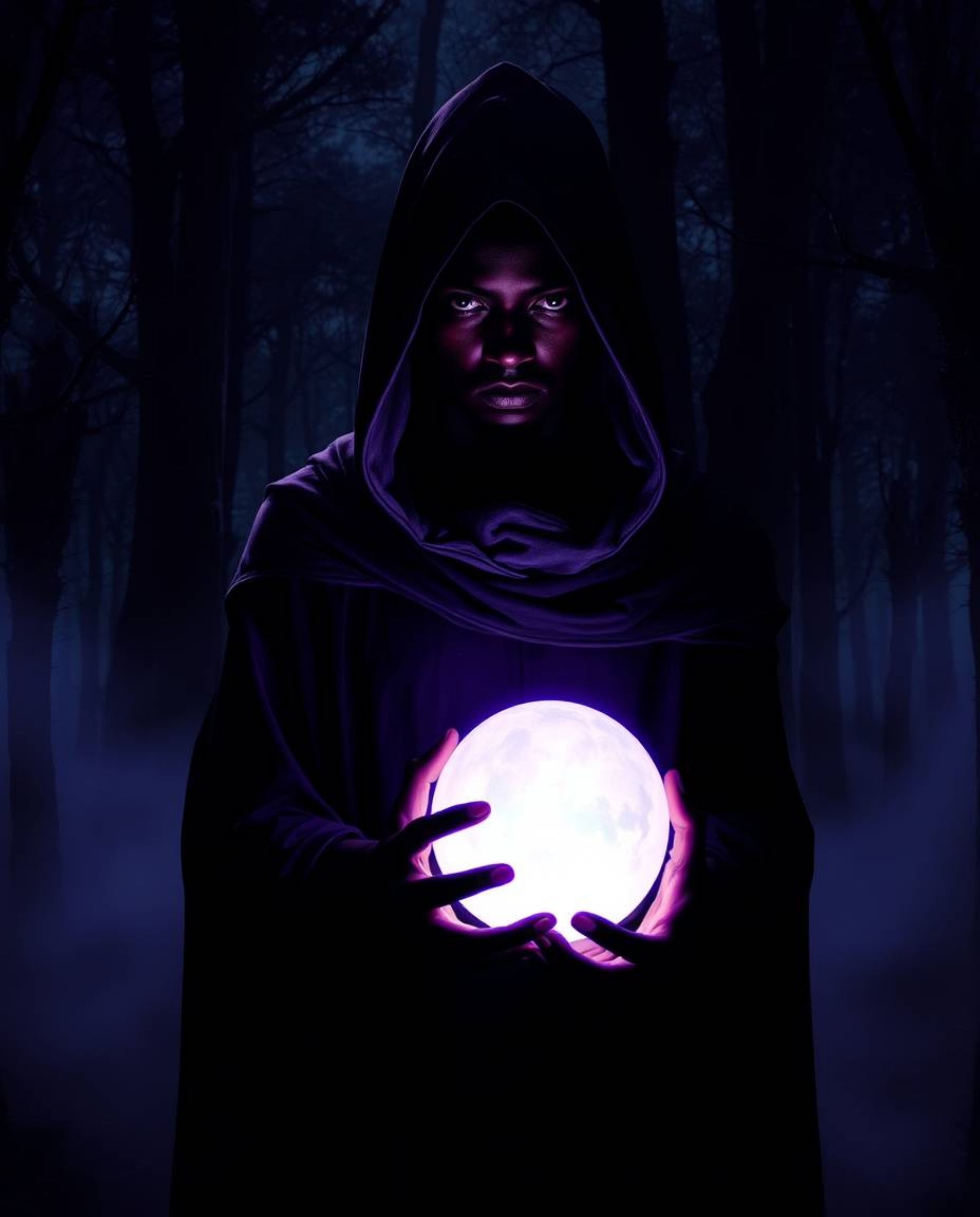 A cloaked figure with refined features and dark skin stands within a misty forest, bathed in contrasting chiaroscuro lighting