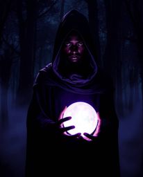 A cloaked figure with refined features and dark skin stands within a misty forest, bathed in contrasting chiaroscuro lighting