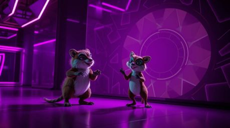 Immerse yourself in a modern, futuristic scene bathed in deep ultraviolet hues. Witness a captivating duo of talking animals 