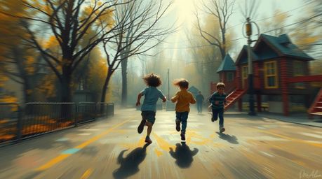 Experience a dramatic slow-motion run through a vibrant playground, depicted in a dynamic digital sketch. This artwork featur