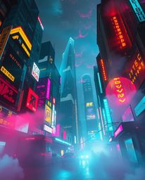 Immerse yourself in a vibrant and dramatic futuristic cityscape, rendered in a cyberpunk style.  This low-angle perspective s