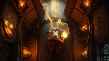 A captivating overhead shot reveals a classic Disney villain casting a powerful spell within the ancient walls of a majestic 
