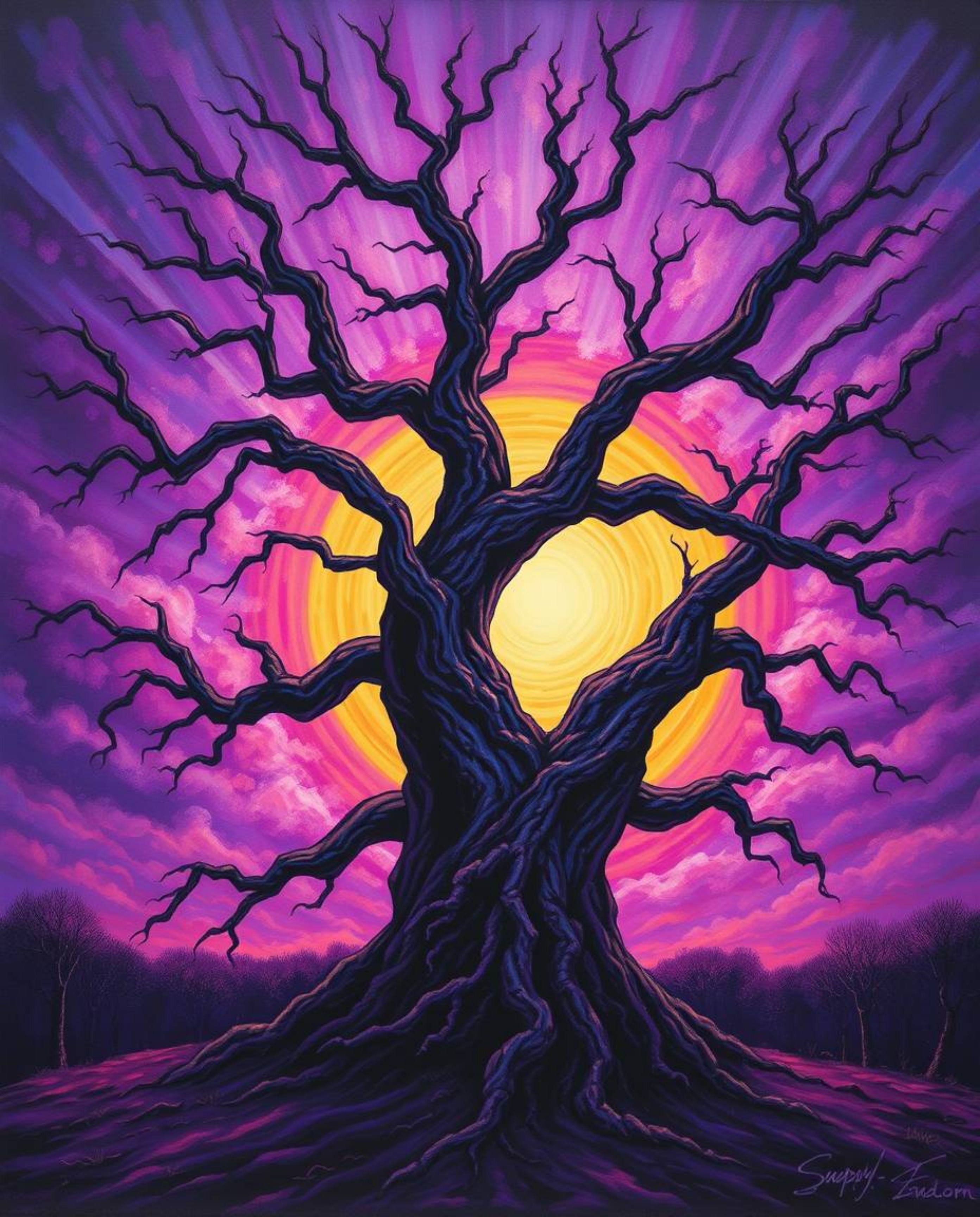 A dreamlike surreal painting depicts a sunset behind an old oak tree with twisted branches, utilizing deep ultraviolet hues, 