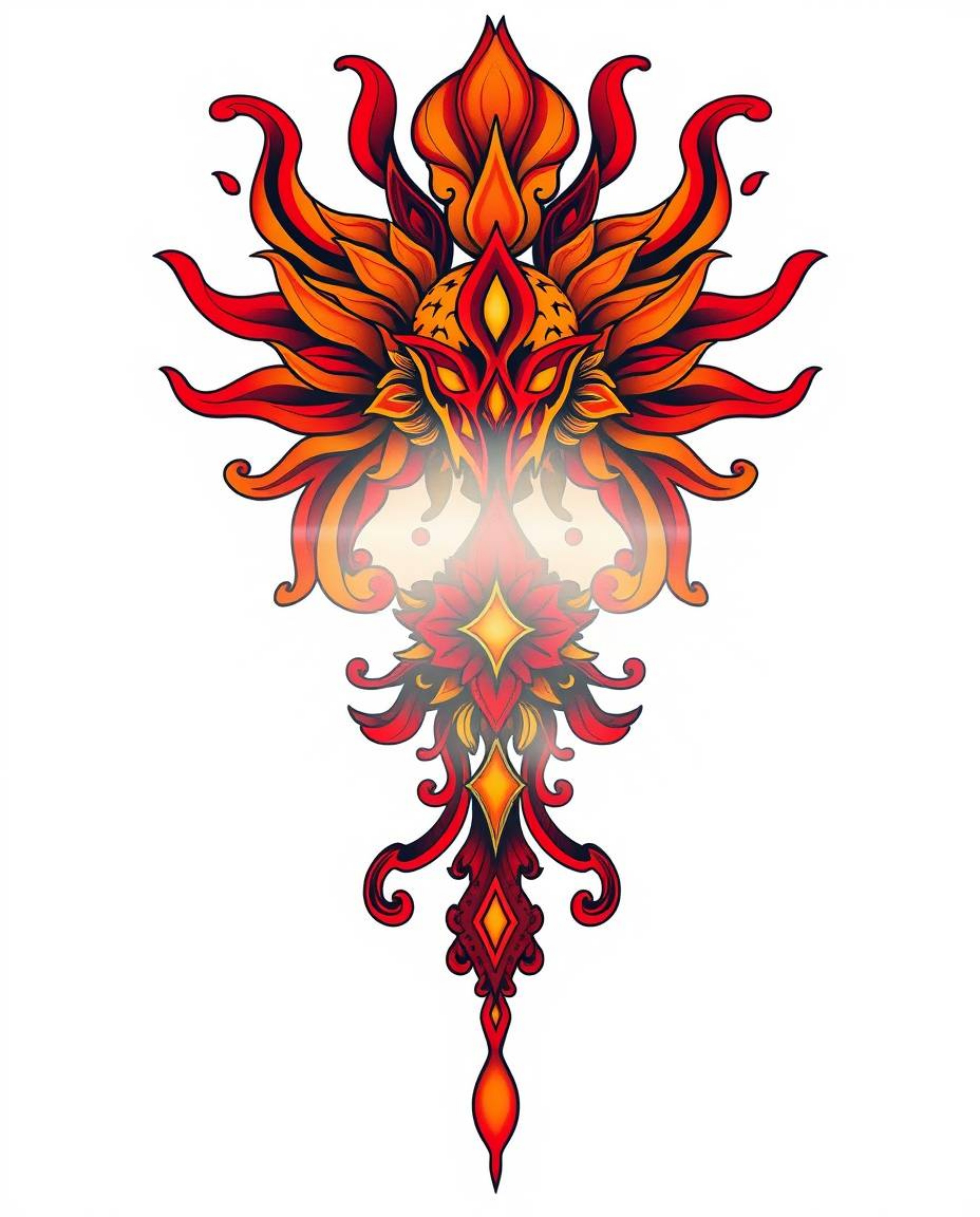 This symbolic traditional tattoo art print showcases warm, vibrant reds, oranges, and yellows against a white background.  Li