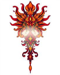 This symbolic traditional tattoo art print showcases warm, vibrant reds, oranges, and yellows against a white background.  Li