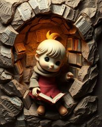 This sculpted papier-mâché artwork portrays an adorable character's delightful discovery of a hidden underground library. The