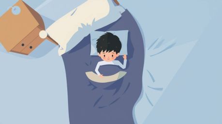 A whimsical, modern flat design illustration depicts a child and a friendly monster under a bed, viewed from a top-down persp