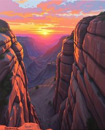This bold acrylic painting presents a dramatic high-angle view of a sunset illuminating vast sandstone canyon cliffs. The art