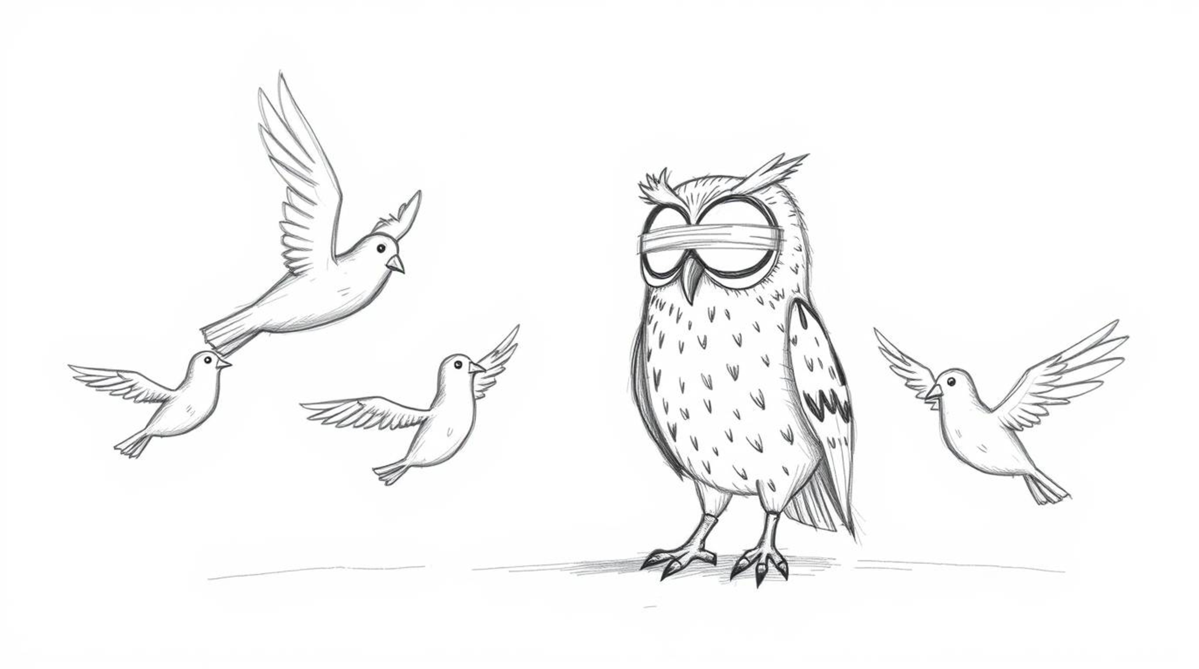A heartwarming scene captured in a hand-drawn, textured pencil sketch reminiscent of Pixar animation, depicts a blind owl pat