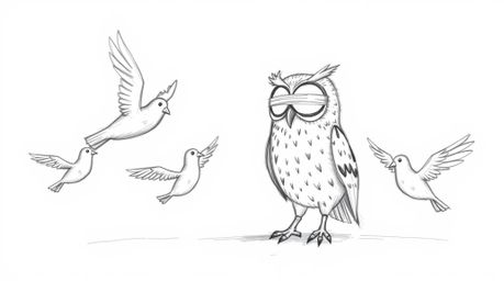A heartwarming scene captured in a hand-drawn, textured pencil sketch reminiscent of Pixar animation, depicts a blind owl pat