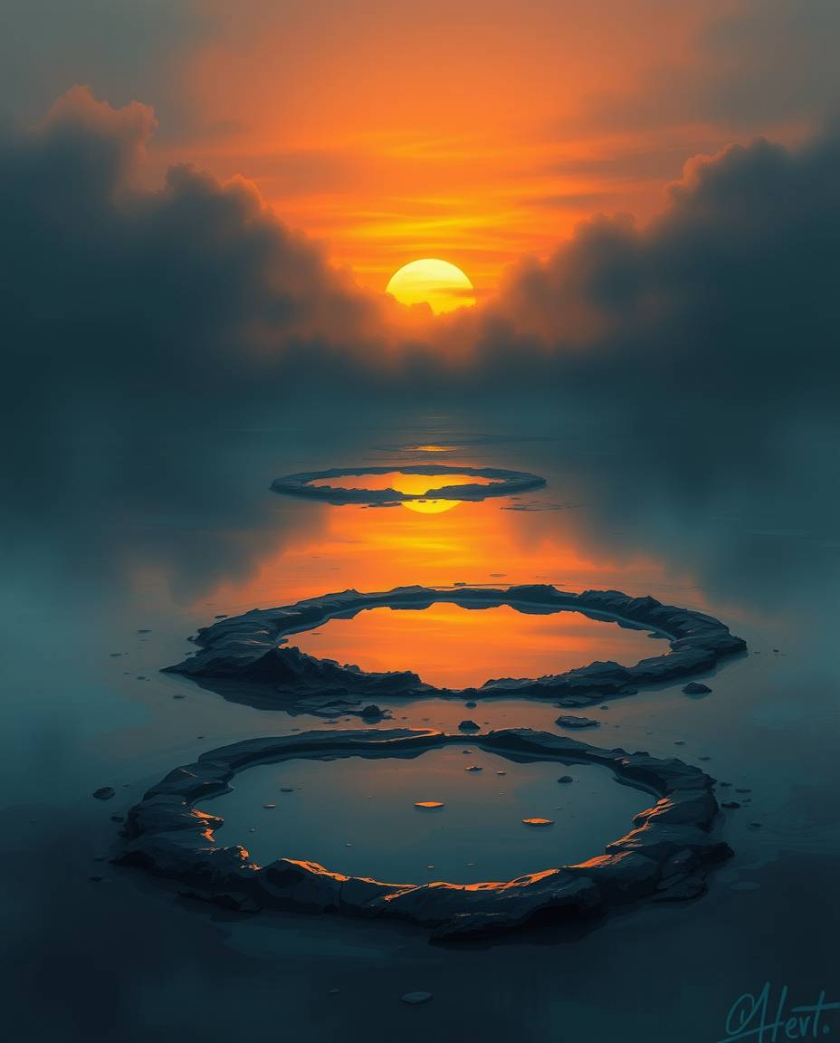 This digital painting portrays a sunset sky mirrored in tidal pools on a beach, enveloped in thick, foggy surroundings that c