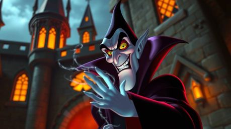 A captivating depiction of a classic Disney villain, rendered in vibrant bioluminescent colors.  The image features the villa