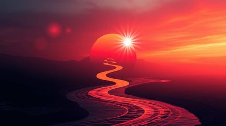 This modern logo design features a winding river glowing under a dramatic orange-pink sky.  Inspired by lens flares, the logo