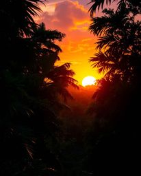 A vibrant sunset shines through a dense jungle canopy, rendered in glowing bioluminescent colors complemented by a warm golde