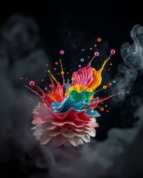 An artistic freeze-frame photograph showcases a soft, dreamy atmosphere created with layered papier-mâché. Dynamic, colorful 
