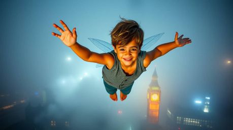 A young boy with tan skin soars above a foggy London skyline, propelled by vibrant pixie dust. The scene explodes with electr