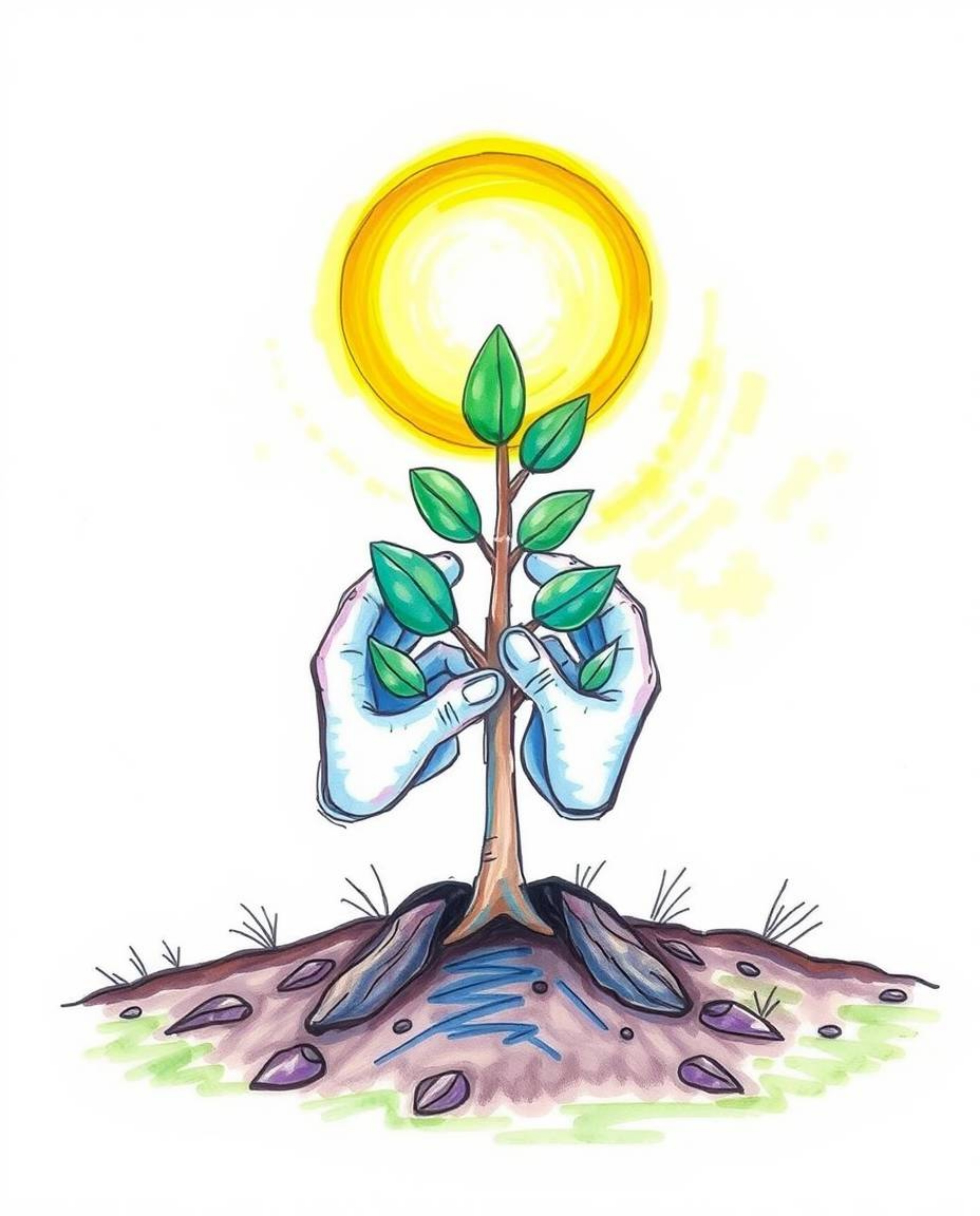 A cool-colored hand-drawn sketch depicting hands planting a tree under a vibrant golden sky.  Created in a sketchnote style, 