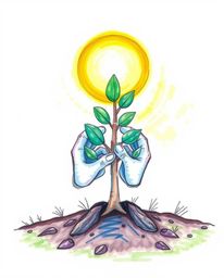 A cool-colored hand-drawn sketch depicting hands planting a tree under a vibrant golden sky.  Created in a sketchnote style, 