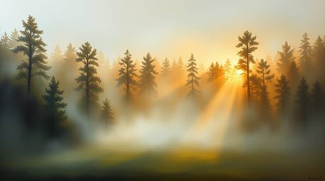 A classic oil painting captures the ethereal beauty of a misty forest during the golden hour. The smooth color gradients and 
