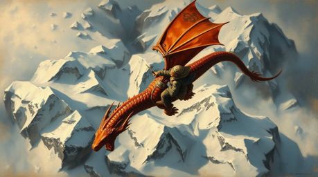 Immerse yourself in a breathtaking bird's-eye view of a classic oil painting depicting a magnificent dragon and its rider soa
