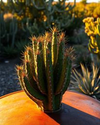 A desert cactus, glowing in the last rays of the sun, is depicted with strong hard light, creating a powerful and dynamic sce
