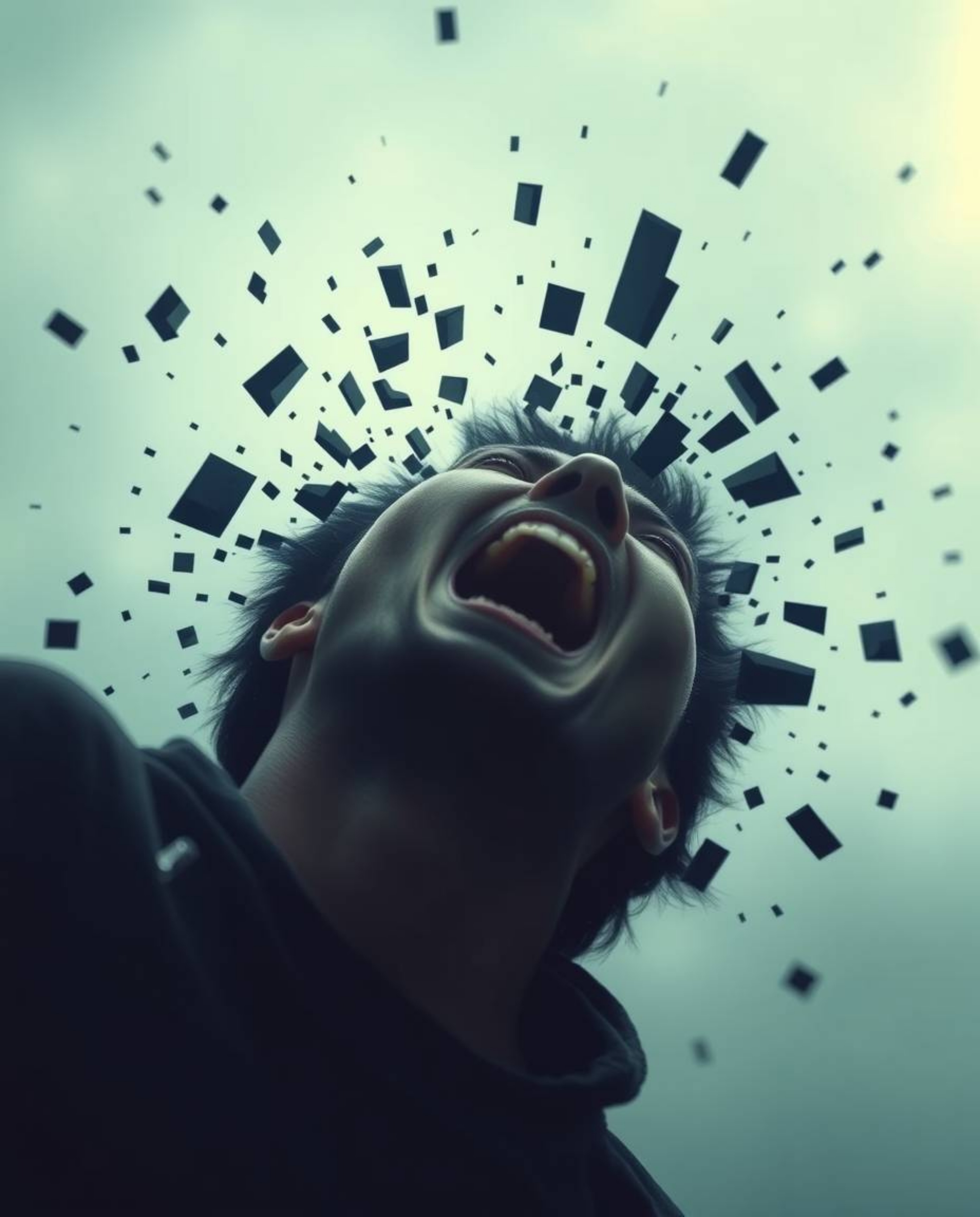 Experience a surreal and captivating visual: a person screams as their world dramatically dissolves into soft, cinematic pixe