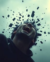 Experience a surreal and captivating visual: a person screams as their world dramatically dissolves into soft, cinematic pixe