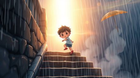 A charming figure ascends a stone staircase bathed in a divine light beam amidst a wet, rainy scene with reflective surfaces.