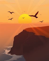 This is a modern flat design illustration depicting a sunset over a coastal cliff with soaring birds. The scene is dominated 