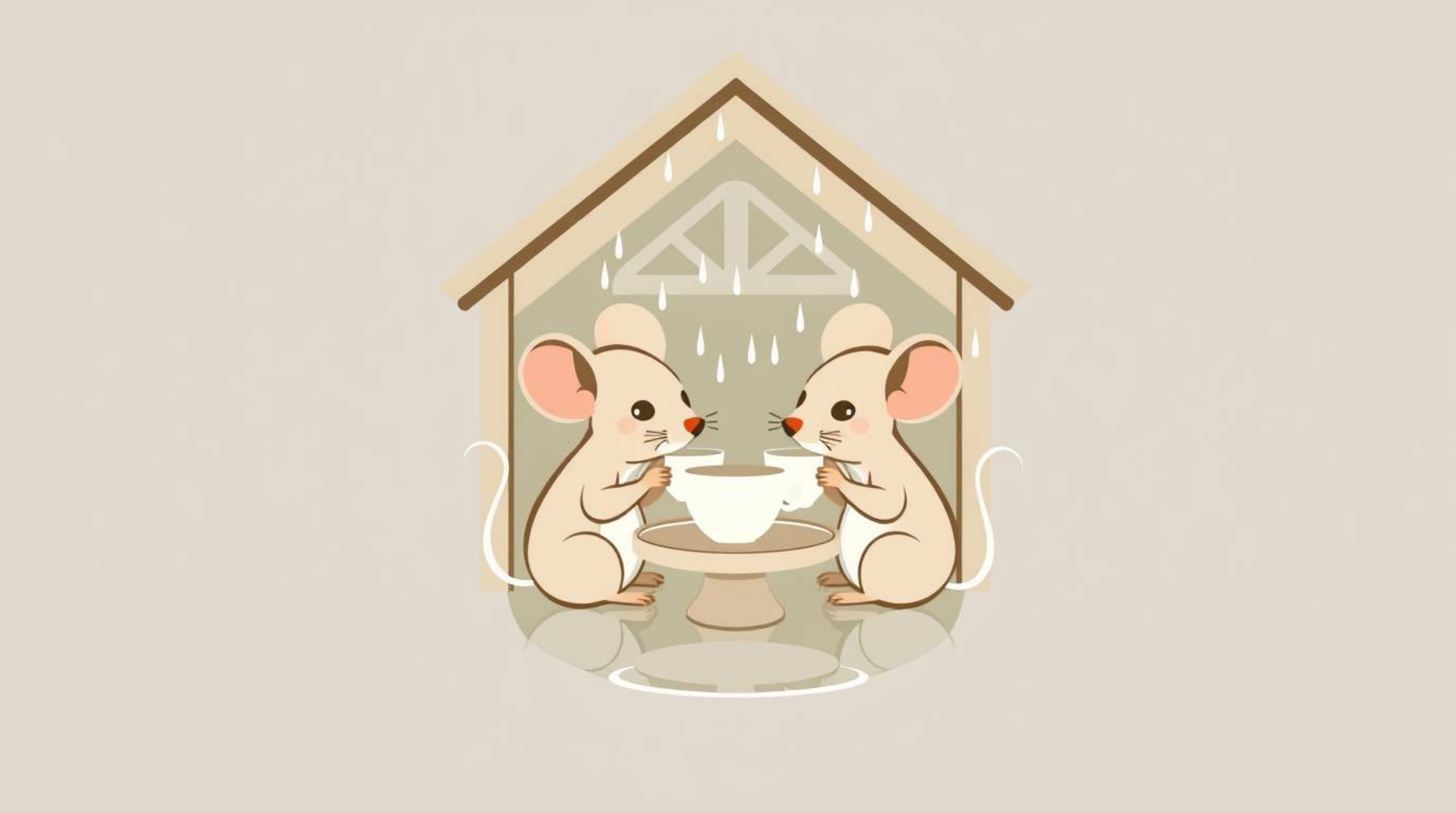 A logo design featuring anthropomorphic mice having tea in a cozy cottage during a gentle rain, designed with reflective surf